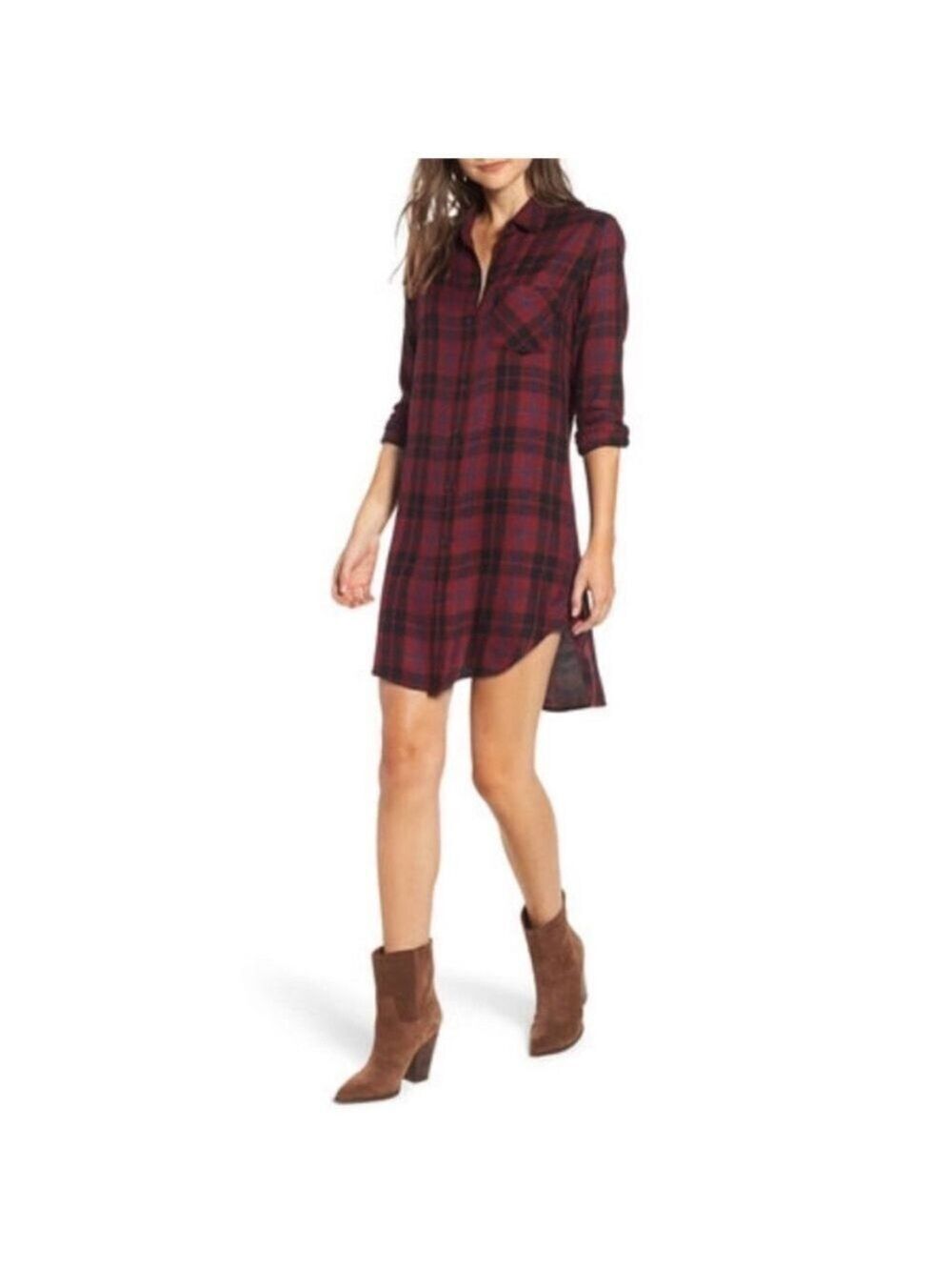 Rails Bianca Shirt Dress Wine Navy Black Button Up Plaid Flannel Metallic, S
